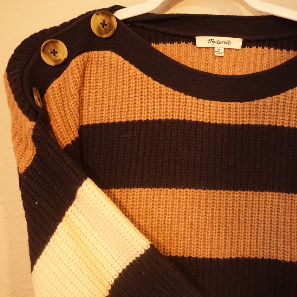 Madewell sweater. Brand new, never worn. Button detail, stripes. Size medium.